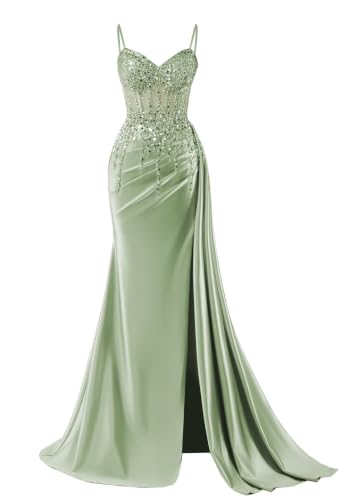 XYNGZOR Sparkly Beaded Prom Dresses Sage Green with Slit Corset Spaghetti Straps Satin Ruffles Formal Evening Gown for Women Size 8