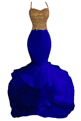 Mermaid Beaded Ruffles Long Formal Prom Evening Dress Gold Royal Blue US 12