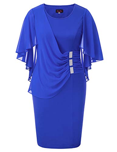 Hanna Nikole Womens Plus Size Chiffon Plus Size Ruffle Flattering Cape Sleeve Cocktail Dress 24W Royal Blue