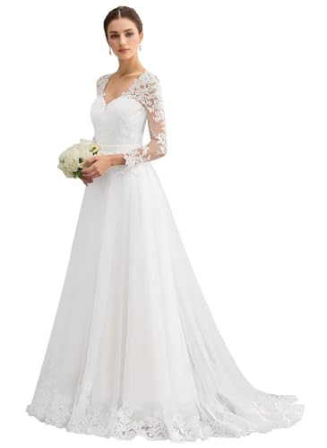 JSSOFT TEX A-Line Bridal Dresses for Women Lace Appliques Wedding Gowns for Bride Plus Size Long Formal Gowns for Women Bride White 12