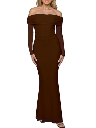 Women's Off The Shoulder Bodycon Wedding Guest Maxi Dress,L,Coffee