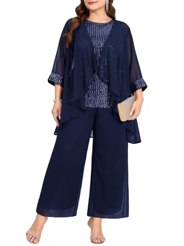 Sassique Plus Size 3 Piece Pantsuit Sequin Mother of The Bride Groom Sets Wedding Cocktail Outfits with Chiffon Jacket, Navy, 2X