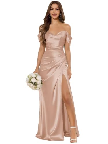LumiereBride Off Shoulder Satin Rose Gold Bridesmaid Dresses for Women Formal High Slit Ruched Cowl Neck Satin Formal Evening Wedding Guest Pleated Floor Length Gown US6