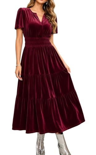 R.Vivimos Womens Fall Winter Velvet Elastic Waist Maxi Dress, WineRed, S