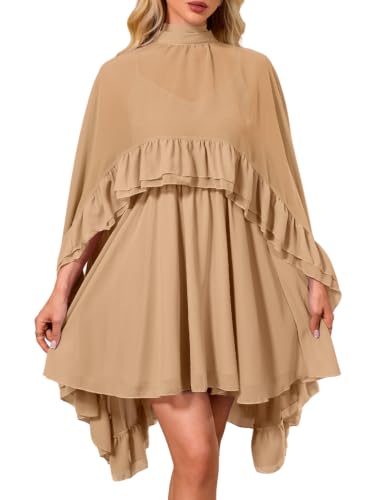 Kaei&Shi Women Chiffon Cape Ruffle Mini Dress Khaki M
