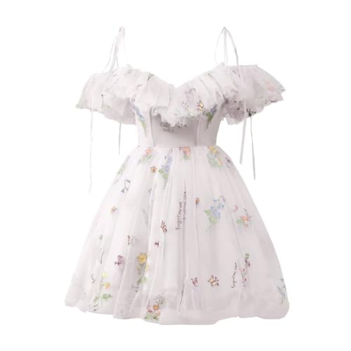 UZN Tulle Flower Embroidery Homecoming Dresses for Women Ruffles Cold Shoulder V Neck Short for Teens A Line Plus Size Party Prom Gown White US26W