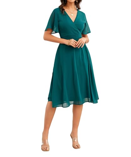 Women's Flutter Sleeve Chiffon Midi Wrap V Neck Elegant A Line Smocked Empire Waist Dress Ladies Casual Party Cocktail Semi Formal Wedding Guest Emerald Green Teal Dresses Medium M YG034