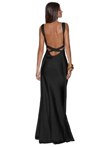 Women's Satin Deep V-Neck Maxi Dress Backless Silk Dresses Wedding Guest