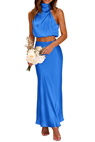 PRETTYGARDEN Women's 2 Piece Outfits Satin Skirt Set Brilliant Blue