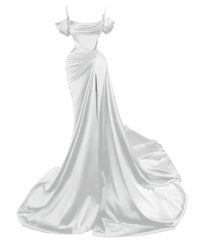 White Mermaid Prom Dresses with Slit 2026 Satin Long Spaghetti Straps Beaded Formal Evening Dresses for Women Size 12