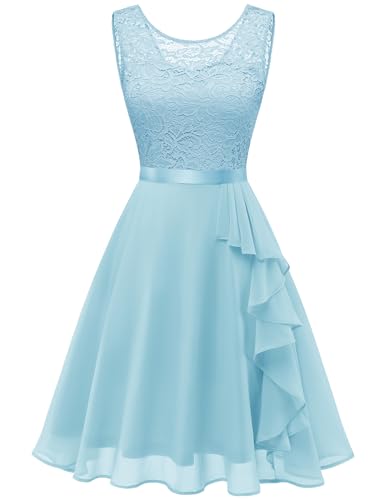 BeryLove Women Cocktail Dresses for Teens Bridesmaid Wedding Guest Elegant Lace Homecoming Formal Party Prom Ruffle A Line Short Sleeveless Dress 7052 Light Blue XS