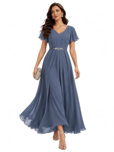 Ever-Pretty Women's Chiffon Maxi Formal Dress Mother of the Bride Dresses | V Neck, Short Sleeves, Rhinestone, Formal Wedding Guest Dress, Evening Gown, Dusty Blue US22