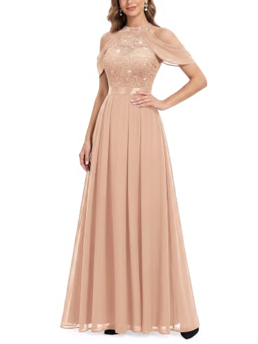 Miusol Women's Classic Lace Sequin Contrast Chiffon Bridesmaid Maxi Dress