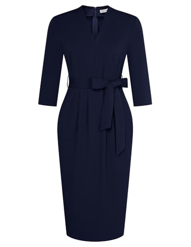 GRACE KARIN Business Dresses for Women 3/4 Sleeve V Neck Sheath Dress Navy Blue Warp Work Dress Slim Classy Formal Church Dresses for Women M