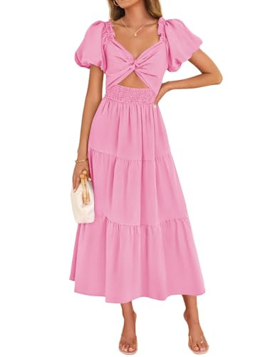 ZESICA Womens Summer 2025 Boho Vacation Dress Short Puff Sleeve Flowy Smocked Cutout A Line Beach Party Dresses,Hot Pink,Medium