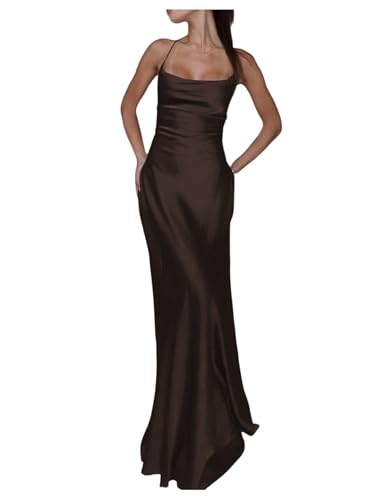 GORGLITTER Women's Satin Maxi Dress Draped Halter Wedding Guest Dresses | Silk Dinner Birthday Party Prom Dress, Sleeveless, Lace Up, Cowl V Neck, Open Back, Going Out Outfits, Coffee Brown, Large