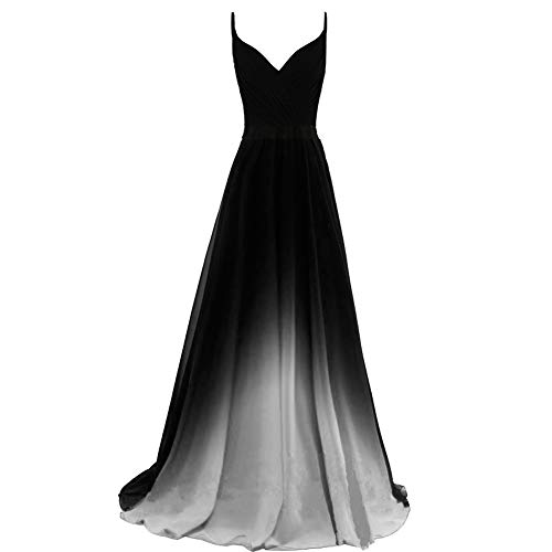 Lemai V Neck Prom Dress 2021 Ombre Chiffon Long Spaghetti Straps Gothic Black White 6