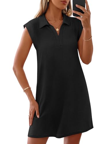 MEROKEETY Womens V Neck Collared Loose T Shirt Mini Dress, Black, M