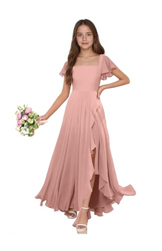 Farichos Dusty Rose Flower Girl Dresses Long Junior Bridesmaid Dress Chiffon Slit Ruffle Wedding Guest Dresses for Girls Size 6