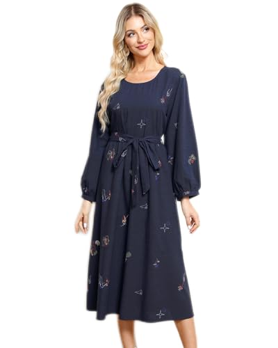 AK Women's Elegant Midi Dress Fall Long Sleeve Elastic Rope Belt High Waist Flowy Dress Black
