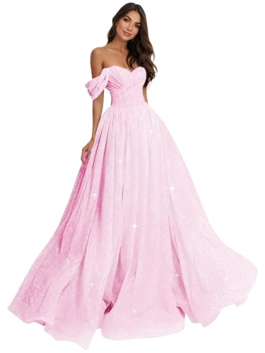 QFWLSR Long Prom Dress with Sleeveless Sparkly Long Formal Dresses for Women Off The Shoulder DAMA Quinceanera Ball Gown Pink US6