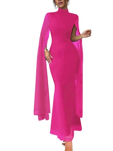 SEBOWEL Women's Cape Sleeve Mesh Maxi Dress Elegant High Neck Formal Evening Gown Party Dress with Cape Rose Red