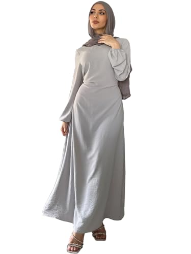 MedeShe Women's Modest Tie Waist Maxi Dress, Elegant Round Neck Muslim Dress Abaya Robe (Grey, L)
