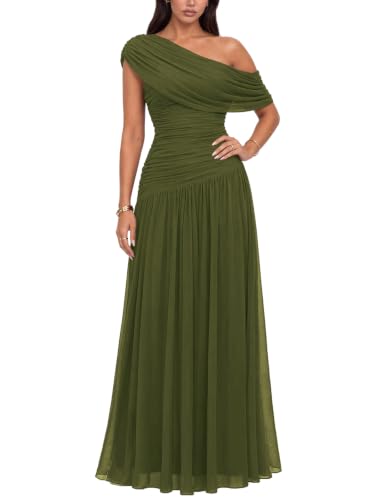 AISIZE Women's One Shoulder Ruched Stretch Mesh Maxi Evening Formal Dress | Soft lining, floor-length, asymmetrical neckline, comfort for weddings, formal dinners, bridesmaid, galas, special occasions