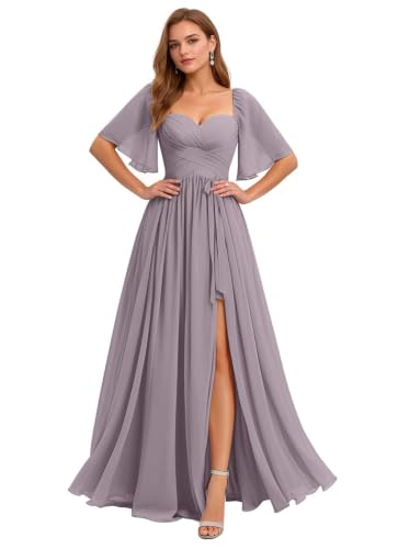 SYHDAISUYUHAN Wisteria Chiffon Long Bridesmaid Dresses with Slit Short Sleeve V Neck Flowy Formal Dress A Line Pleated Wedding Guest Gown with Pockets US16