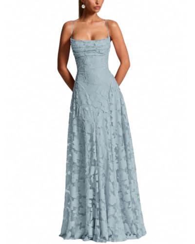 GRMLRPT Women's Floral Bridesmaid Maxi Dresses A Line Wedding Guest Dress | Lace Jacquard Spaghetti Strap Backless Cowl Neck Long Formal Dress Evening Party Prom,Light Blue,M