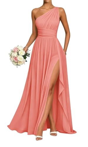 Coral One Shoulder Bridesmaid Dress Wedding Formal Dress 2026 US8