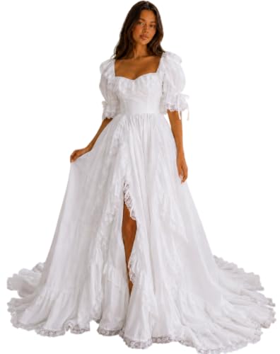 Women's Vintage Lace Photoshoot Wedding Dress with Puff Sleeves White US24