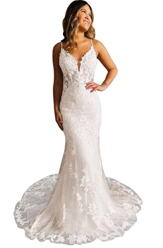 Mermaid Lace Wedding Dresses for Bride 2026 Long Tulle V-Neck Spaghetti Straps Ivory Beach Wedding Bridal Ball Gowns for Women US0