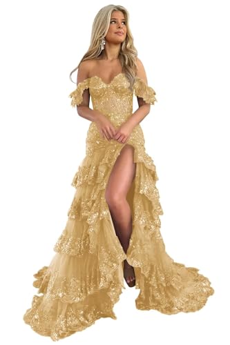 UZN Women's Tulle Tiered Prom Dresses Off Shoulder Mermaid Gold Cascading Lace Applique Tight High Slit Plus Size for Women Formal Evening Party Gowns US18W