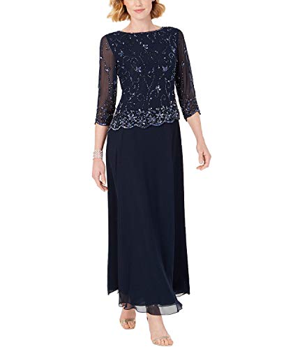 J Kara womens Beaded Scallop Bodice Asymmetrical Gown Dress, Navy/Mercury/Gun, 14 US