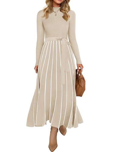 ZESICA Sweater Dresses for Women Fall Long Sleeve Maxi Dress Apricot M | Winter Turtleneck Dresses, Soft Ribbed Knit, Flowy A Line, Elegant Tie Waist, Stretchy Fabric, Fall Wedding Guest Dresses