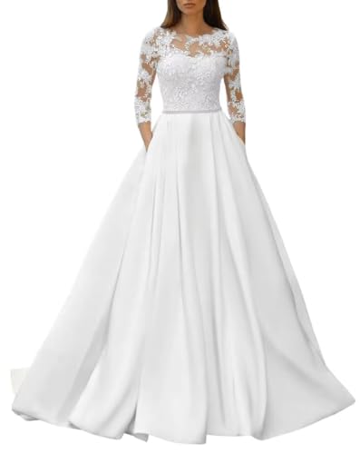 Simple Bridal Dresses for Bride with Pockets Bohemian A Line Cowl Neck Lace Appliques Pockets Long Sexy White Beach Bridal Gown for Bride with Train US16