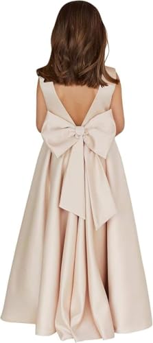Junior Bridesmaid Dresses Champagne Long Flower Girl Dress for Wedding Party Pageant Dress Scoop Neck Bridesmaid Dress with Bow US10