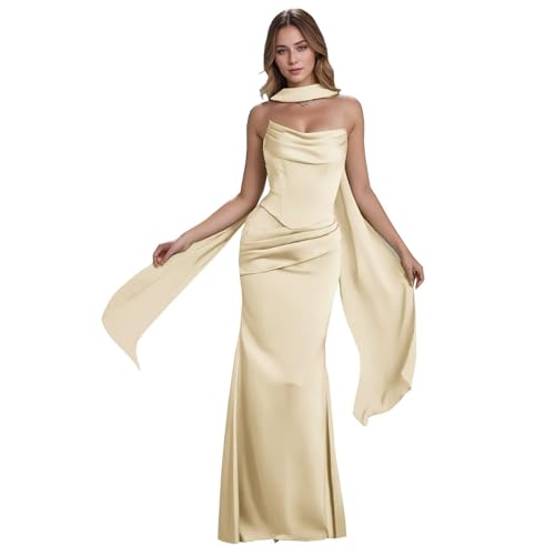 DKZQQ Terracotta Bridesmaid Dress Strapless Beach Formal Dresses Cowl Neck Wedding Guest Dress with Slit Champagne US6