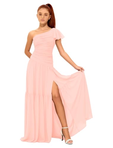 Farichos Chiffon Bridesmaid Dress for Girls Long One Shoulder Girls Formal Dress Ruffle Blush Pink Flower Girl Dresses 3T
