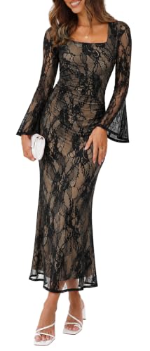 Sipaya Long Sleeve Maxi Dresses for Women Bodycon Mesh Holiday Midi Fall Fashion Cocktail Outfits Square Neck Flowy Funeral Winter Formal Lace Party Clothing Homecoming Print 7 S