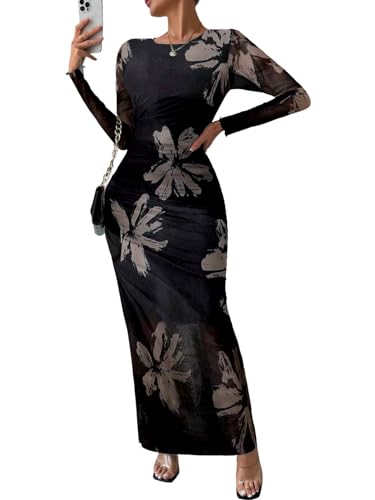 MARZXIN Women Long Sleeve Maxi Dress Bodycon Ruched Natural Slim Fit Tie Dye Dress Cocktail Dresses Mesh Dress Black Flower XL