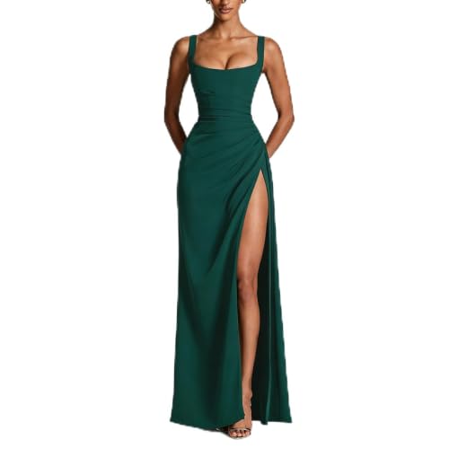 Women Formal Dress Sleeveless Square Neck Bodycon Ruched High Split Maxi Dress Long Cocktail Prom Evening Gown (Green, Small)