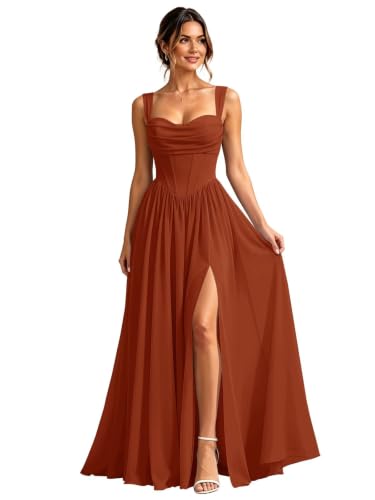 GYHAMP Chiffon Bridesmaid Dresses Long Corset Formal Dress Burnt Orange 12 | Maxi Cowl Neck Long A Line Spaghetti Straps Wedding Guest Dresses for Women with Slit Flowy Backless Evening Party Gowns