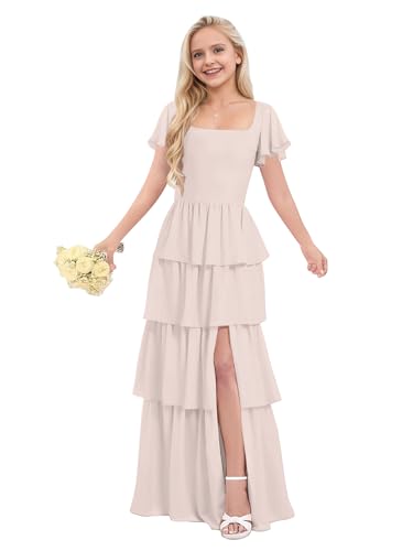 MiwiNovia Chiffon Junior Bridesmaid Dresses for Teen Girls Square Neck Blush Pink Flower Ruffles Formal Wedding Gown US2
