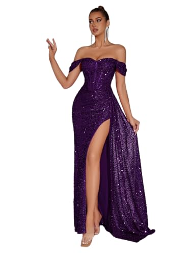 ADYCE Evening Gowns Formal Dresses for Women Sequin Tulle Wedding Guest Cocktail Party Sexy Off Shoulder Floor Length Prom Dress Dark Violet XL