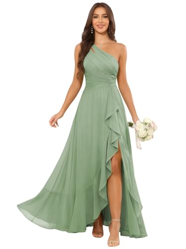 Yeoqmb Sage Green Bridesmaid Dresses One Shoulder Chiffon Maxi Evening Gowns with Slit Ruffle Formal Wedding Guest Dress US8