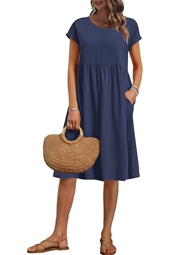 AUSELILY Women's Summer Short Sleeve Knee-Length Loose Dresses with Pockets