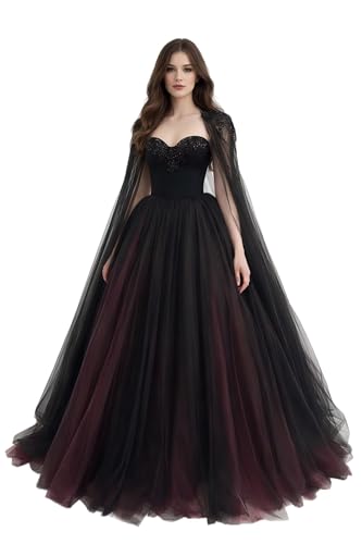 Dydsz Women Gothic Black Red Evening Formal Gown Prom Dress with Cape 8