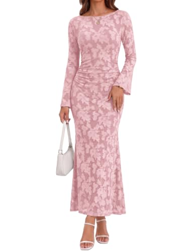 Gleeneat Womens Long Sleeve Floral Mesh Maxi Dress Fall Wedding Guest Pink